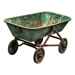 A vintage, worn wheelbarrow with a green metal body, rusty frame, and four wheels, set against a black background.