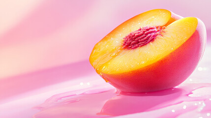 A juicy peach is showcased, cut in half to reveal its vibrant flesh
