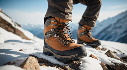 Pair of hiking boots on snow in the mountains. Brown leather waterproof hiking boots, winter clothing for outdoor adventures