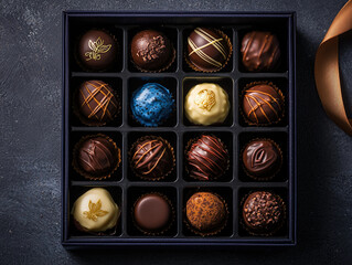 Assorted gourmet chocolates in an elegant black box with a golden ribbon, showcasing a variety of flavors and artistic designs.