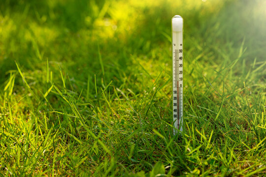 A thermometer with a measuring scale on a grass background.Climate change.An increase in the temperature of the earth.