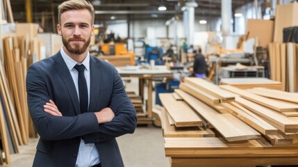 A young man in a suit confidently poses in a woodworking shop filled with wooden materials. In the background, workers are focused on their tasks, creating a lively industrial atmosphere