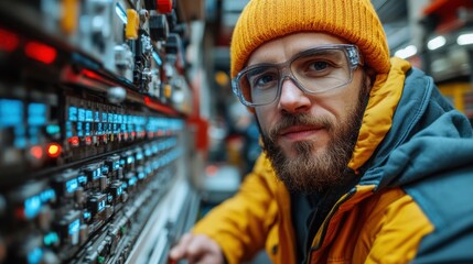 In a modern technical workspace, a young technician engages with illuminated control panels, carefully monitoring the intricate machinery, showcasing concentration and expertise
