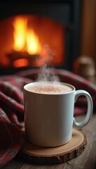 Fototapeta premium Coffee cup with cozy atmosphere by the fireplace and warm quilt