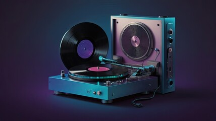 Fototapeta premium A vintage style turntable is playing a vinyl record showcasing its sleek design and vibrant colors in a modern artistic environment