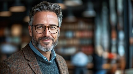 Fototapeta premium A well-dressed man with gray hair and glasses stands in a lively cafe, exuding confidence as he interacts with nearby patrons, creating a welcoming atmosphere during lunchtime