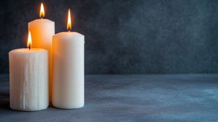 A tranquil arrangement of three white candles burns softly against a gray backdrop, casting a warm glow perfect for creating a relaxing ambiance at night