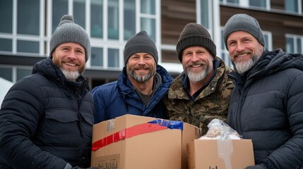 Four men are gathered outdoors, holding packages and smiling. They are dressed warmly in winter outfits, standing in front of a contemporary structure on a chilly day