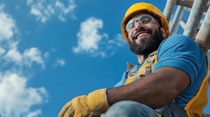 A construction worker wearing a helmet and safety gear relaxes on scaffolding at a high-rise site, enjoying a moment of respite while the sun shines brightly overhead