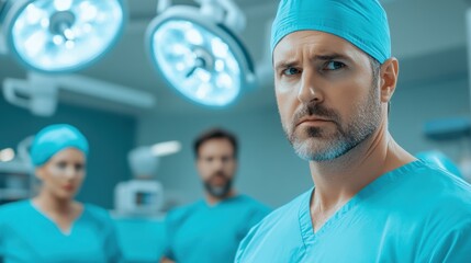Fototapeta premium A focused surgeon stands in a modern operating room, surrounded by a skilled medical team, preparing for an important surgical procedure under bright lights