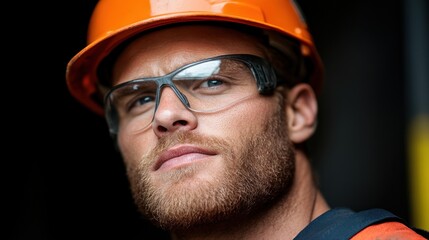 Fototapeta premium A construction worker wearing an orange hard hat and protective glasses stands confidently indoors, showcasing safety gear during daylight hours, ready for the day's tasks
