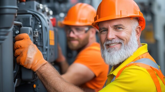 Two construction workers wearing bright safety helmets and gloves are engaged in repairing heavy machinery at a construction site. They appear focused and skilled while working