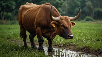 A brown cow with large horns wanders through a verdant rice field enjoying the serene atmosphere of a peaceful afternoon in rural farmland