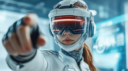 The woman wearing a sleek, futuristic suit and visor is intensely focused while participating in a virtual reality simulation within a modern tech facility