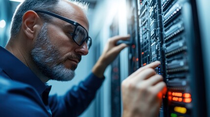 A technician is focused on resolving issues with server equipment in a data center, illuminated by the glow of blinking LED lights in the background