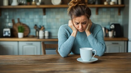 Mother sitting alone at the kitchen table late at night, thinking about family problems and the pressures of holding everything together,