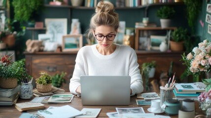 Fototapeta premium A young woman sits at a wooden desk focused on her laptop, surrounded by plants, books, and art supplies, creating a warm and inviting workspace in daylight