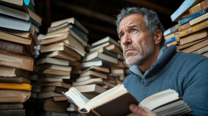 A man with gray hair and a beard contemplates while holding an open book, surrounded by towering stacks of old books in a serene setting