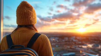 A person stands with a backpack, admiring the vibrant colors of the sunset illuminating the city below. The warm light creates a serene atmosphere as dusk settles in