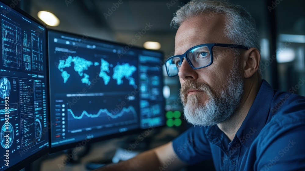 Aufkleber a dedicated professional examines data visualizations on multiple screens filled with graphs and map