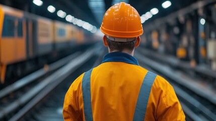 A construction worker, wearing an orange helmet and safety jacket, stands on the platform looking at multiple train tracks in a bustling underground station at dawn