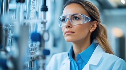 A female scientist with protective eyewear studies laboratory machinery intently, immersed in her research in a well-equipped, modern laboratory setting, showcasing dedication and focus
