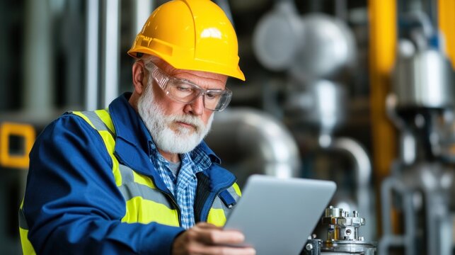 A senior worker wearing a hard hat and safety goggles checks information on a tablet while overseeing operations in an industrial facility filled with machinery and equipment
