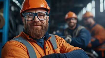 A group of construction workers, dressed in bright safety gear and helmets, share a moment of camaraderie in an industrial warehouse filled with tools