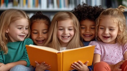 A group of five children sits closely together, sharing smiles and laughter as they explore a colorful book in a warm library environment filled with bookshelves