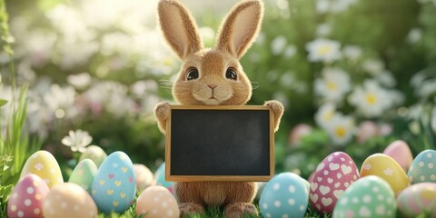 A charming bunny holding a chalkboard amidst colorful Easter eggs in a vibrant garden, perfect for festive promotions, celebrations, and spring-themed content.