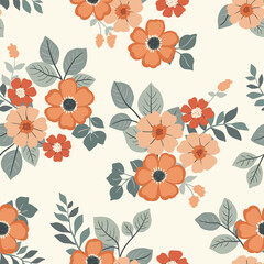 Seamless floral pattern, abstract ditsy print, folk style ornament of yellow flowers. Cute botanical design tile: decorative art hand drawn flowers, small leaves, simple bouquets. Vector illustration.