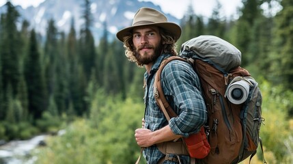 Smiling hiker with backpack in wild nature.