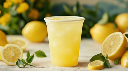 A zesty lemonade presented in an edible citrus-flavored cup, made from biodegradable, plant-based materials, offering a fun and eco-conscious twist for outdoor events or sustainable cafes