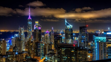 Obraz premium Luxury Office Workspace at Night, City Skyline, Elegant Interior Design, Modern Furniture, Ambient Lighting, Corporate Environment, High-End Decor, Urban View, Professional Atmosphere