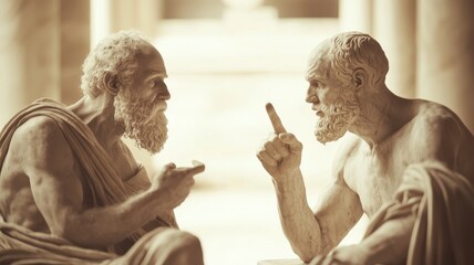 Two ancient philosophers engage in an animated debate, showcasing their intellectual discourse and expressive gestures.
