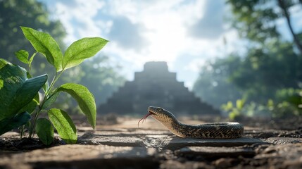 Ancient Temple Snake: A snake with ancient markings consuming a monkey in an abandoned temple.