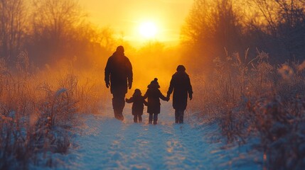 A family strolls hand in hand down a snowy path as the sun sets, casting a warm orange glow over the winter landscape and creating a serene atmosphere