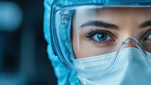 A dedicated healthcare worker dressed in a blue gown and surgical mask prepares to conduct tests in a clinical laboratory, showcasing commitment to safety and care