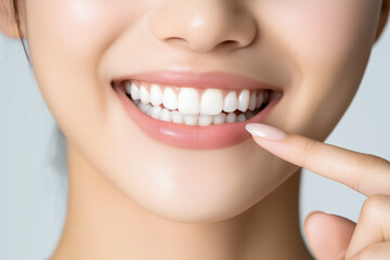 Obraz premium Close-up of a woman’s mouth showing a bright, white smile, with her finger gently pointing at her teeth isolated on white