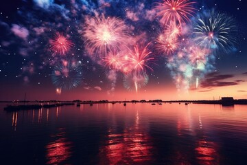 Spectacular display of fireworks reflecting on water during a colorful night sky. Celebration and festival concept. Design for wallpaper, poster, print, card.