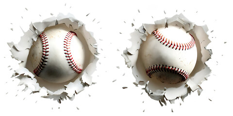 baseball bursting through a hole isolate on white background.AI GENERATED