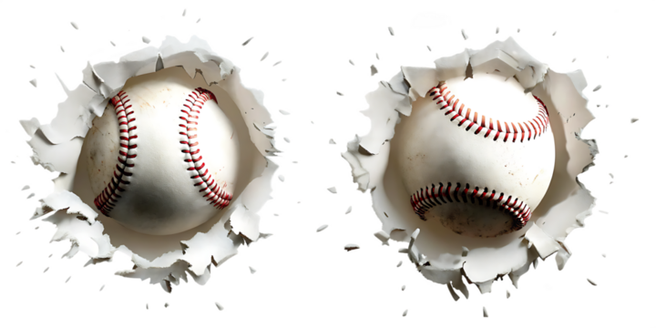 baseball bursting through a hole isolate on white  background.AI GENERATED