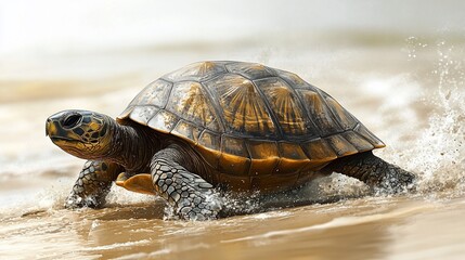 Fototapeta premium A sea turtle walks through the shallows of a beach, its shell glistening in the sun.
