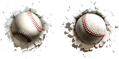 baseball bursting through a hole isolate on white  background.AI GENERATED