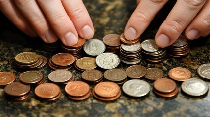hands put the coins arranged in steps, Managing your finances or saving money for future use, Saving for investment, Saving money for business growth or long-term profitability