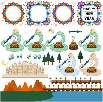 巳年イラスト年賀状デザイン素材「インドの蛇使い蛇と曼荼羅フレーム枠」HAPPY NEW YEAR
（Year of the snake illustration new year's card greeting postcard design material Indian snake charmer snake and mandala frame.）
