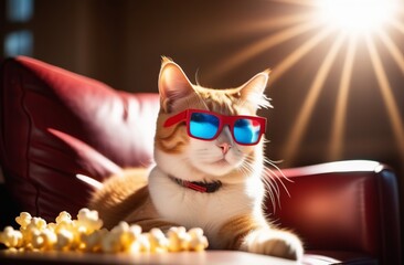 A cat with glasses is watching a movie. Cute ginger cat with popcorn on sofa in cinema. Spotlight in background. Glasses for 3D film. Invitation to buy tickets. Online service for watching movies