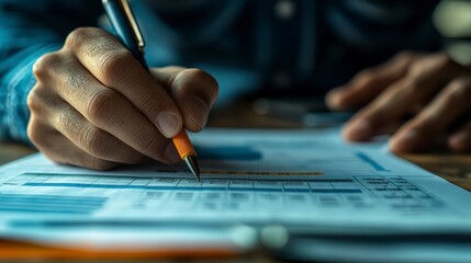 Handwriting on Financial Report, focusing on analysis and planning, captured in an office setting, close-up view.