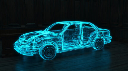 Digital hologram of wrecked car in courtroom setting, showcasing technology