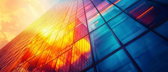 Urban Sunset Reflection, skyscraper glass facade captures vibrant hues, blending warm sunlight with cool architecture tones.